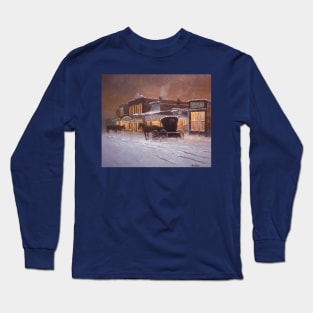 Downtown Snowy City Oil on Canvas Long Sleeve T-Shirt